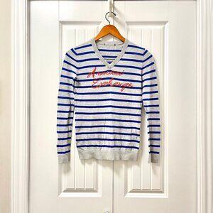 Armani Exchange Grey & Navy Striped V-Neck Sweater